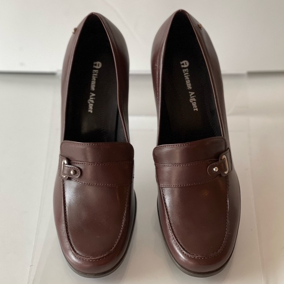 Etienne Aigner Brown Leather Platform Pumps Heels Chunky Block Heels E-Tartan, 8 - Picture 6 of 11